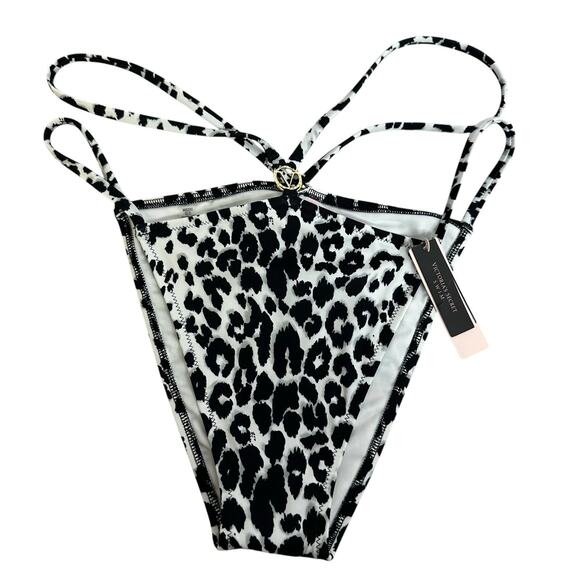 VICTORIA'S SECRET Swim Strappy Brazilian Bottom XL Black White Leopard New - Picture 1 of 6